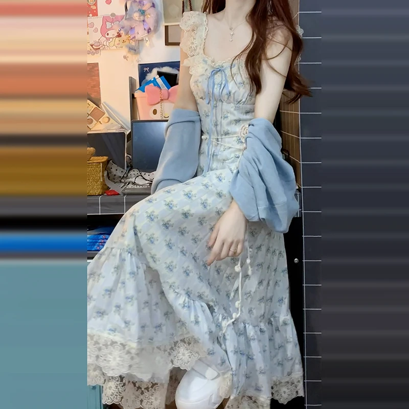 法式蓝色碎花小飞袖连衣裙子女夏2025新款开春季气质穿搭吊带长裙