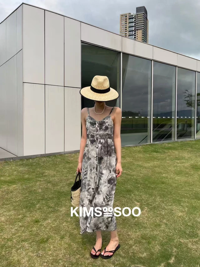 【BAI】枯叶系法式复古印花吊带连衣裙女6713