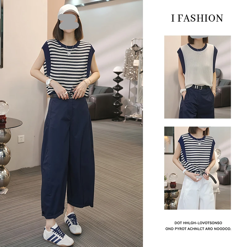 时尚通勤风套装女2025夏季新款洋气百搭显瘦无袖上衣阔腿裤两件套