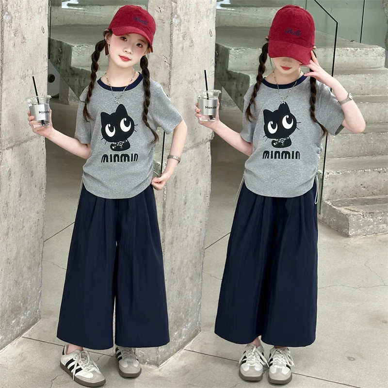 女童夏季套装2025新款大童洋气时髦卡通短袖儿童百搭阔腿裤两件套
