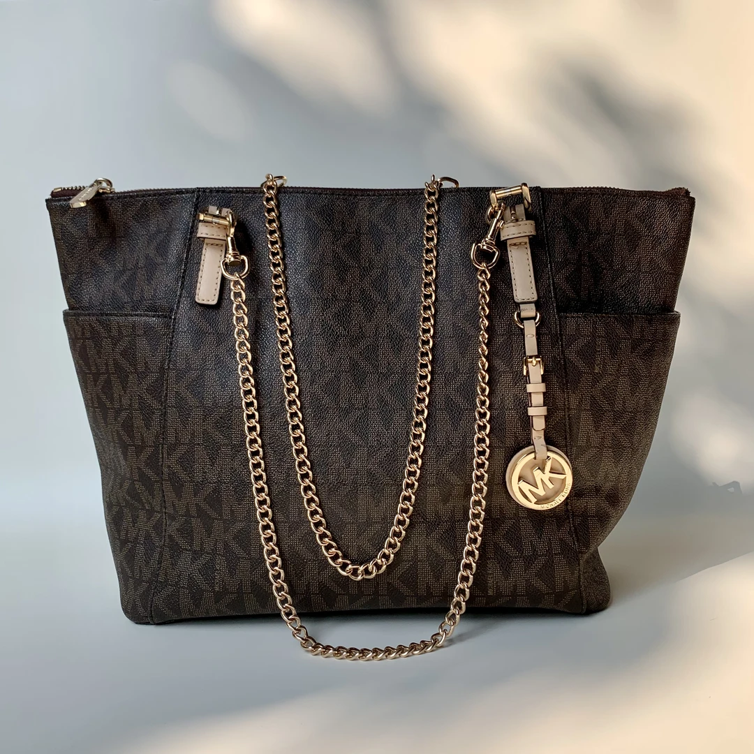 95新 MICHAELKORS/迈克高仕 经典棕色复古老花美拉德单肩托特包
