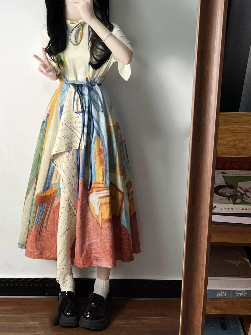 2025新款夏季文艺森系穿搭短袖上衣复古不规则油画半身裙两件套女
