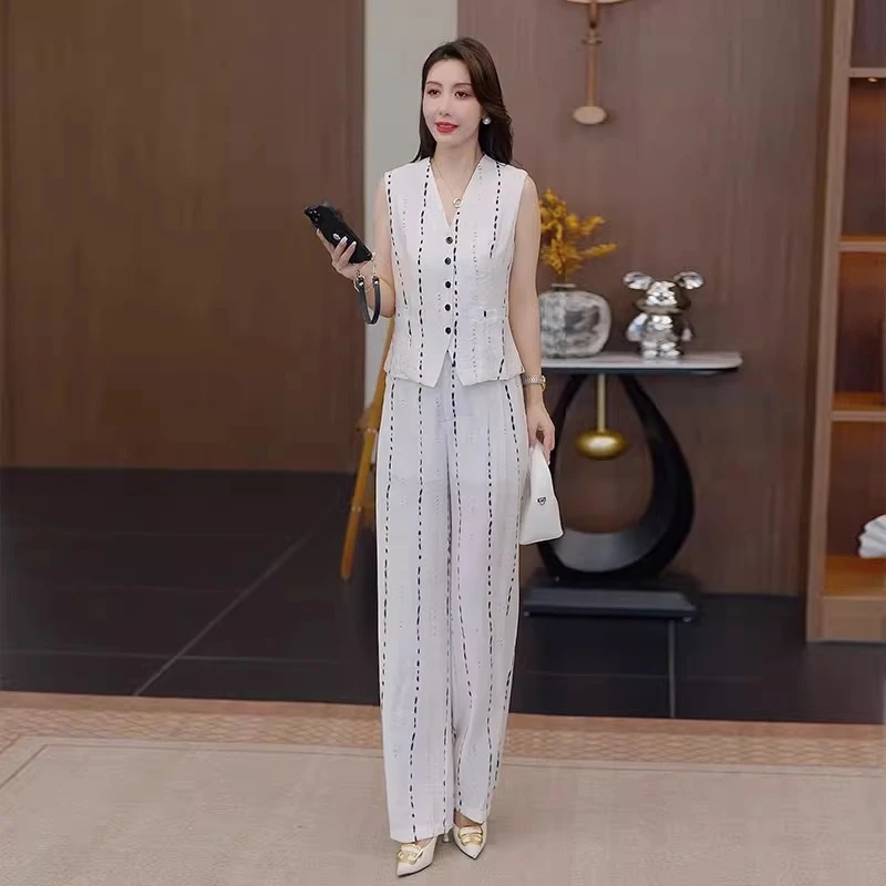 拉夏贝尔时尚气质套装女2025年夏季新款显瘦无袖马甲阔腿裤两件套