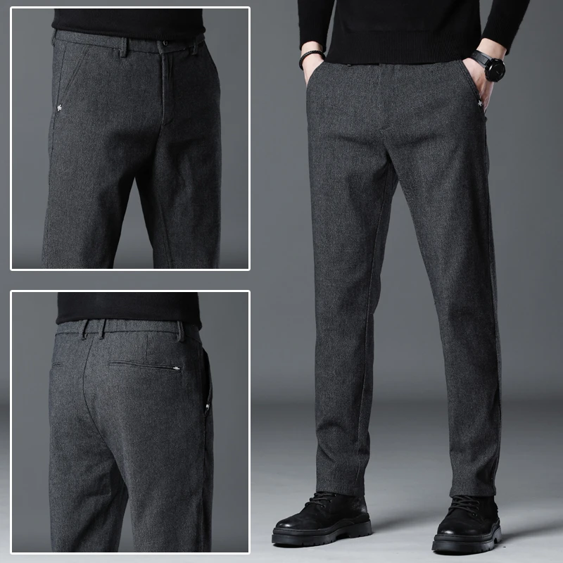 狄佛蒙特秋冬款加绒加厚保暖裤子新款磨毛休闲裤男士商务直筒长裤