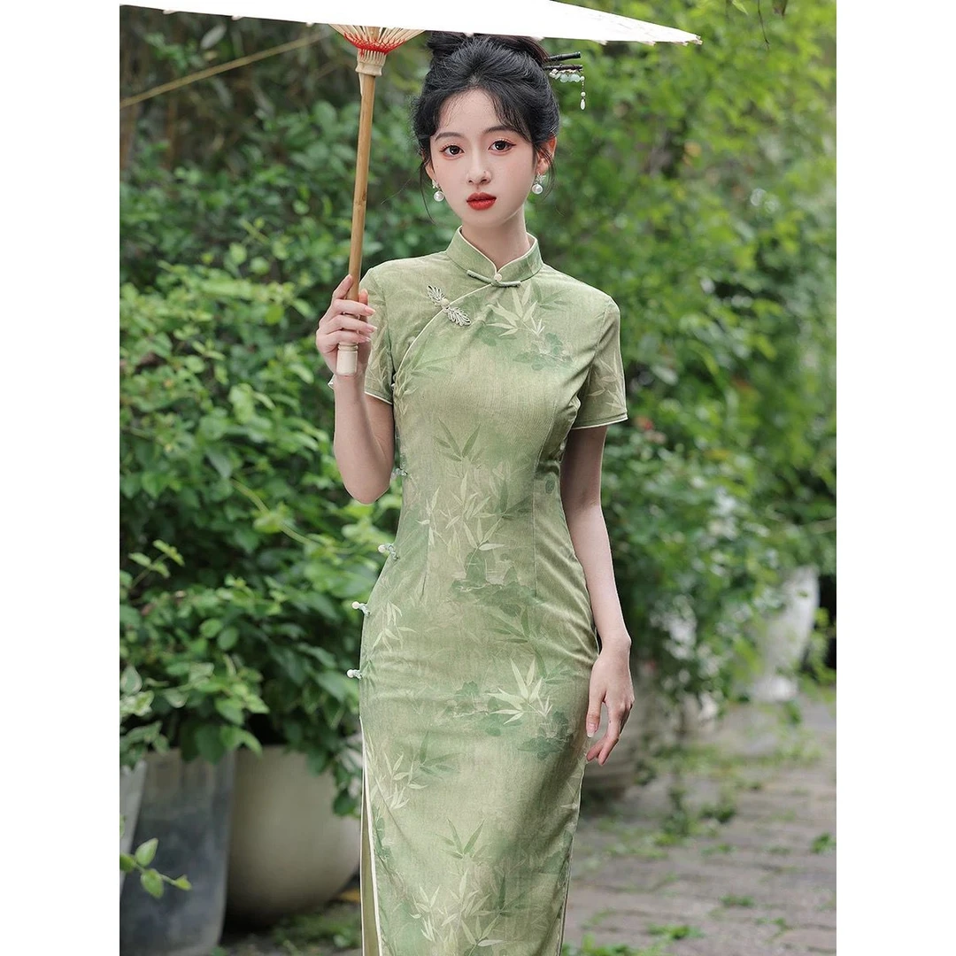 绿色送考旗袍女2025夏季年轻款高端长款日常改良高考中考一路绿灯