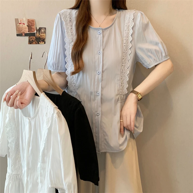 胖妹妹显瘦遮肚子衬衫女2025夏季大码胖mm蕾丝花边收腰短袖娃娃衫