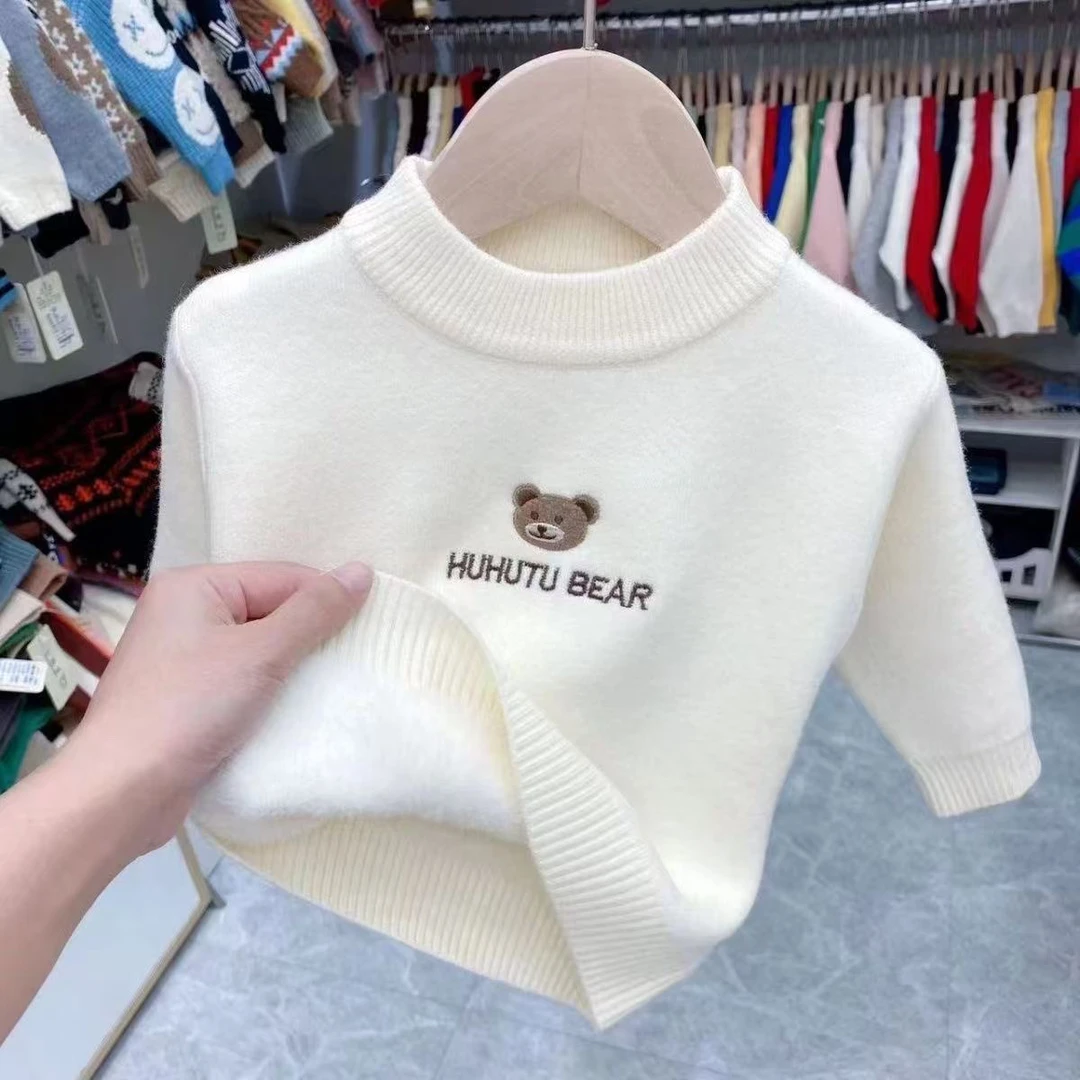 儿童一体绒毛衣小熊保暖2024年打底男童女童百搭半高领针织衫上衣