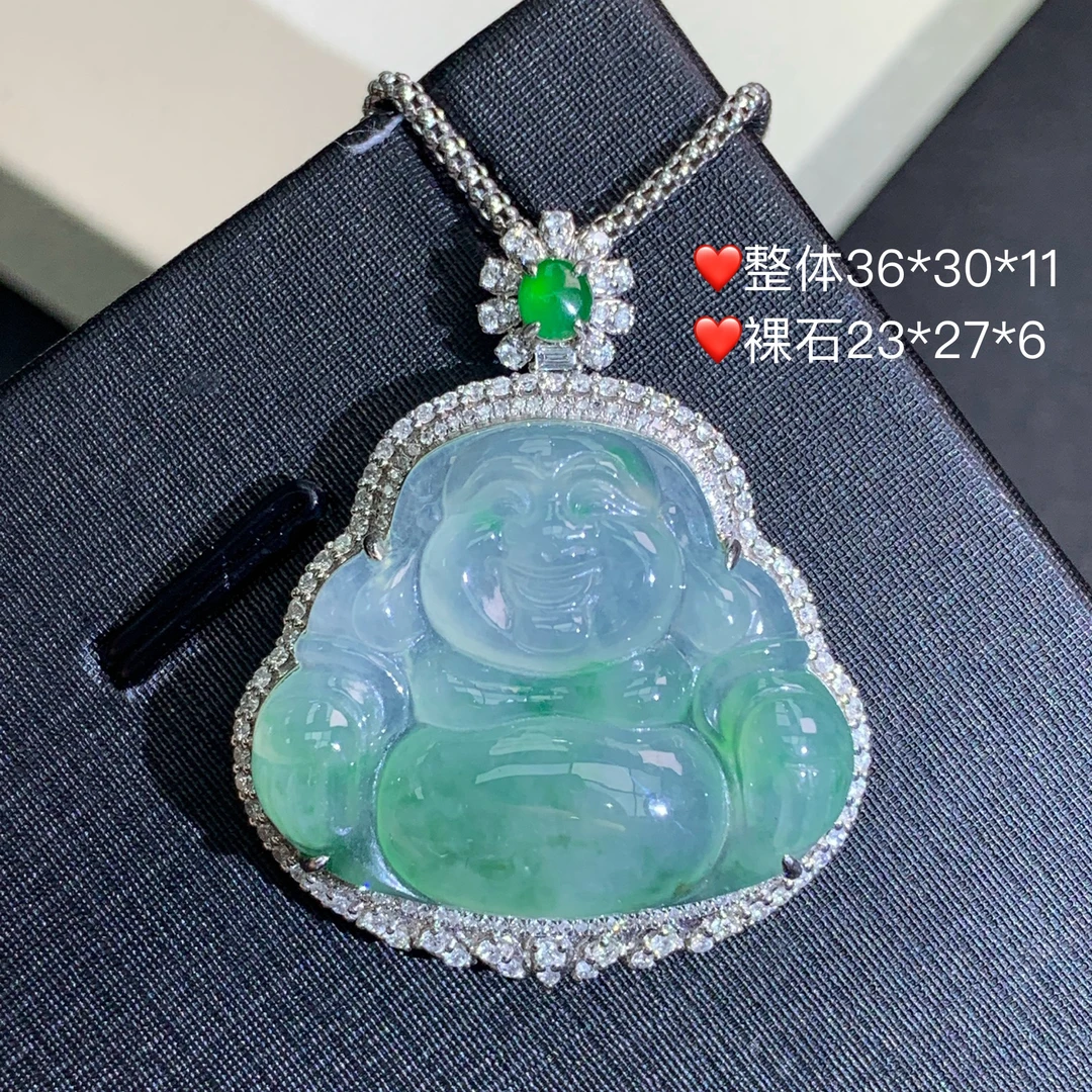 新品推荐·18K金高冰飘绿花佛公翡翠玉石缅A吊坠时尚百搭气质1