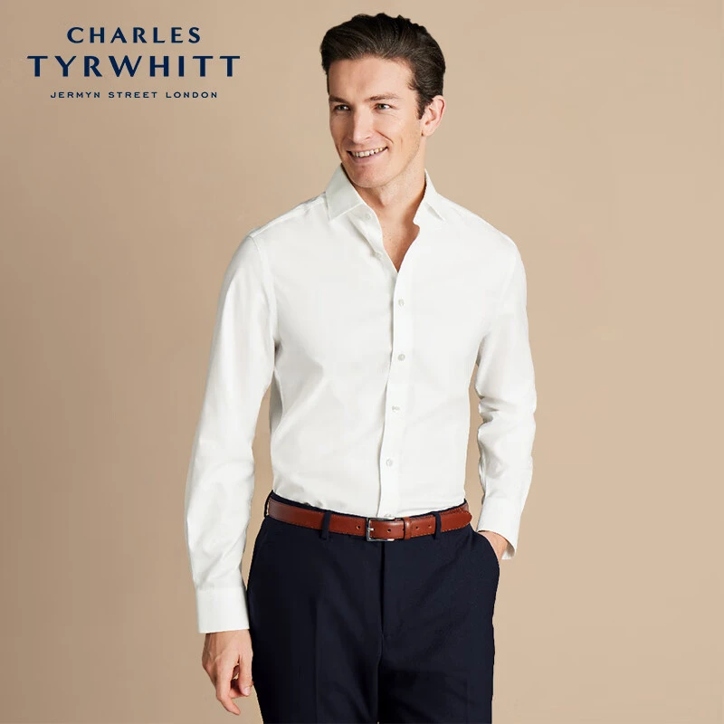 CHARLES TYRWHITT修身版型白色温莎领免烫斜纹衬衫