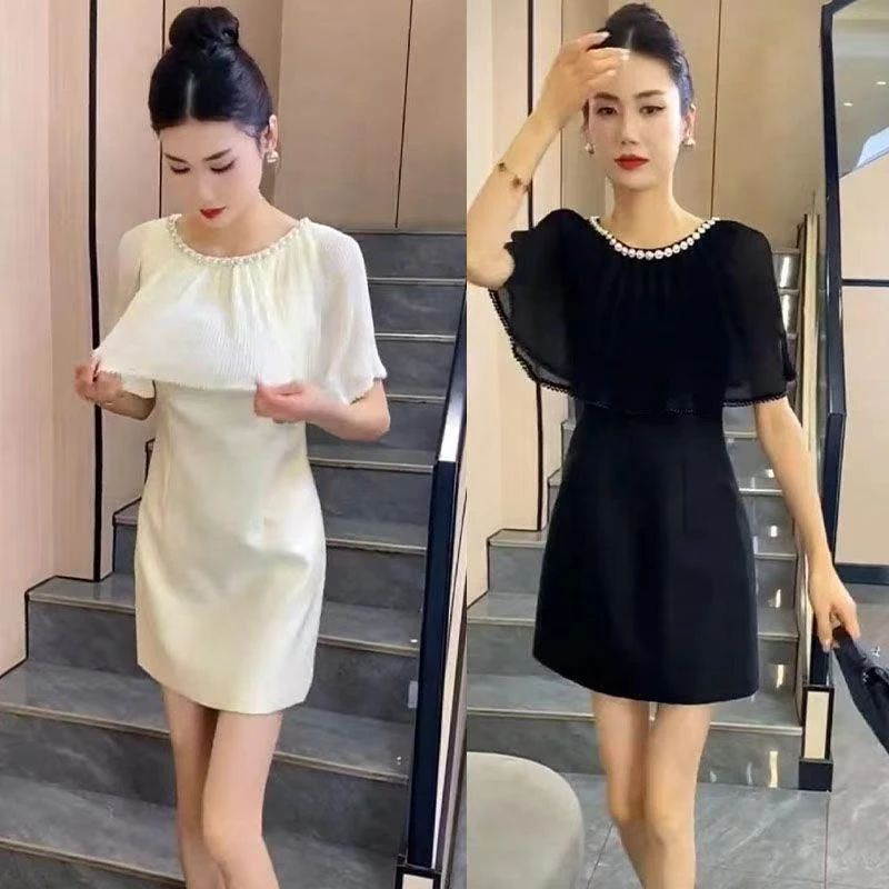 [时尚]夏季新款洋气轻奢重工钉珠连衣裙荷叶边名媛女神范假两件