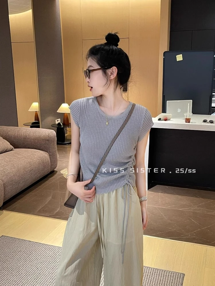 2025夏季新款韩版复古小众飞飞袖针织衫短袖T恤抽绳坑条收腰上衣