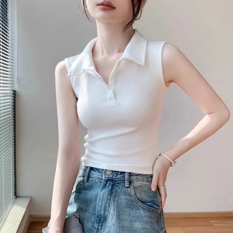 芊芊芙美式无袖背心女2025夏季新款Polo领短款内搭打底衫纯色上衣