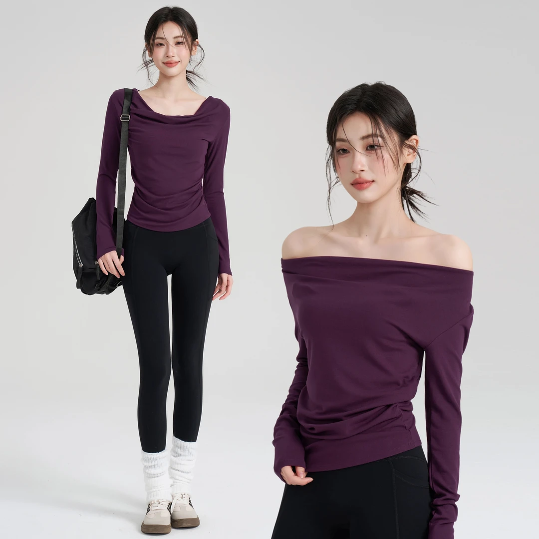 岚纹高级感气质普拉提瑜伽服女修身显瘦健身上衣秋冬露肩运动长袖