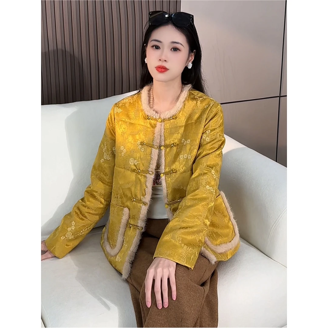 写意梅 新中式夹棉加厚款厚款拼接立领提花民族风短款中国风秋冬