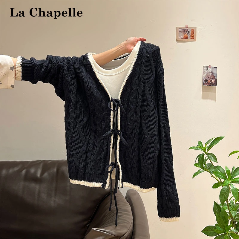 拉夏贝尔气质甜美风蝴蝶结绑带毛衣外套女秋季白色吊带背心两件套