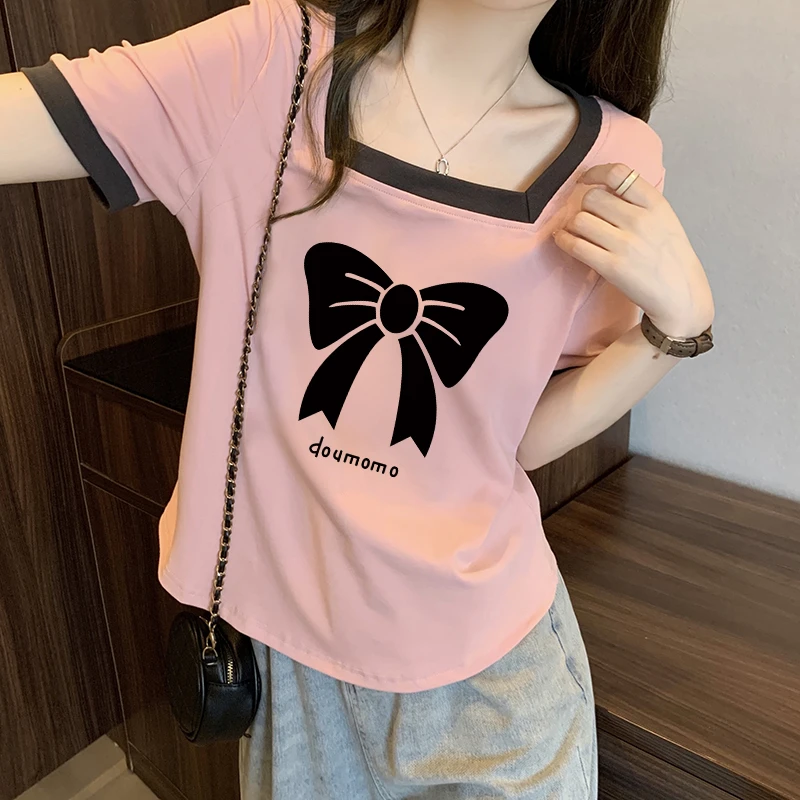 不规则圆弧下摆撞色方领短袖T恤女士夏季新款纯欲风辣妹印花上衣