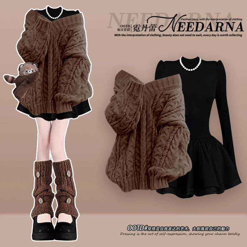 美拉德穿搭针织毛衣裙子秋冬季2025新款贵气感千金风连衣裙两件套