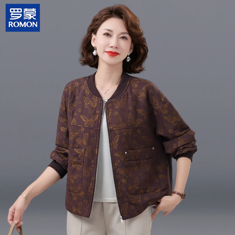 罗蒙小个子妈妈秋装外套短款中老年女装圆领印花上衣中年夹克新款
