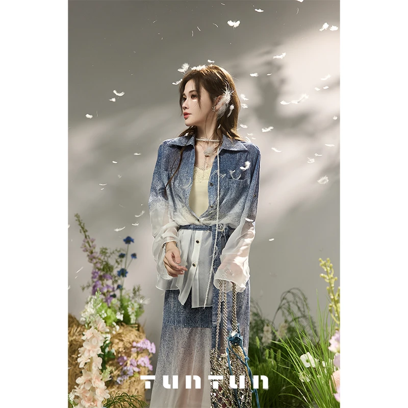 吞吞TUNT【蓝渊套装,裙子短了不好看试过了】渐变设计感套装