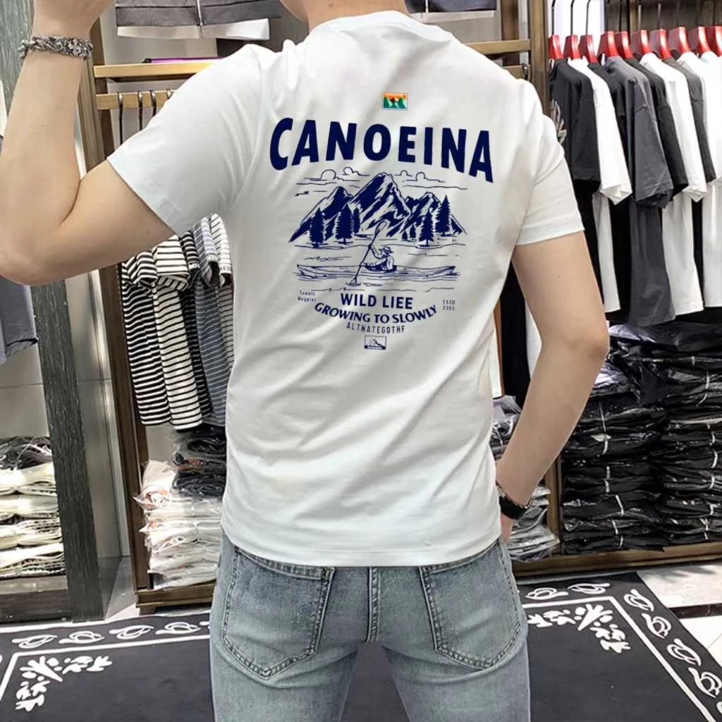 夏季男士新款帅气潮流潮牌个性雪山图案纯棉短袖圆领休闲半袖T恤