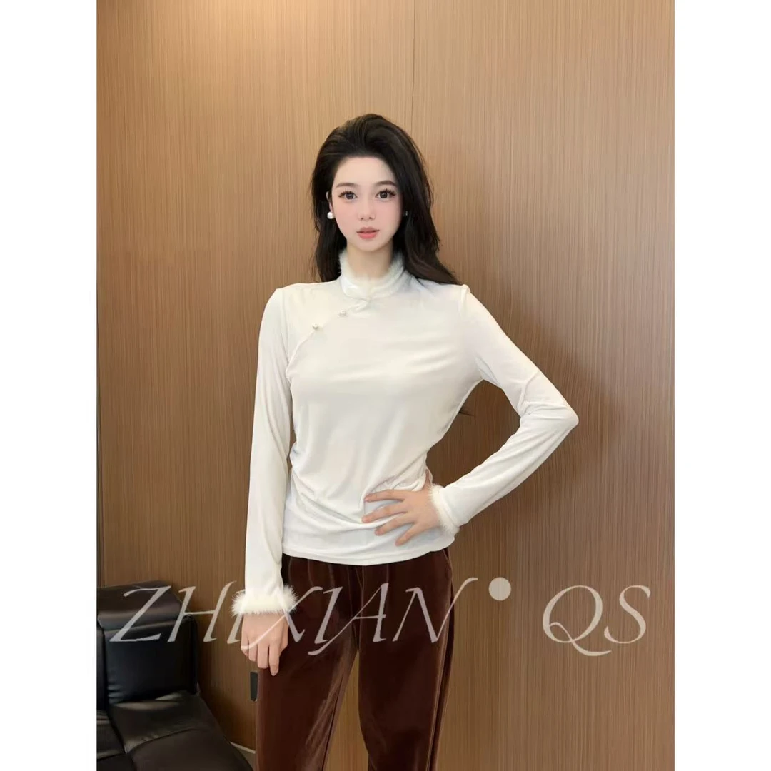 【智贤轻奢】丝绒打底-2025年秋冬新款丝绒拼接水貂毛边打底上衣