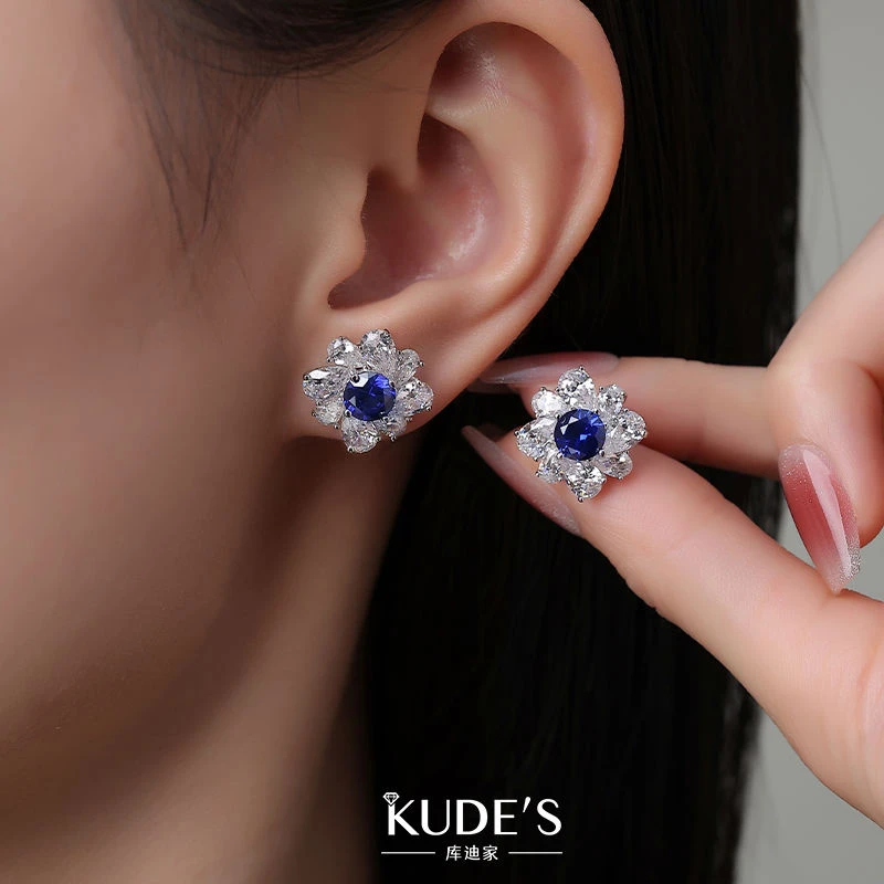 925银合成锆石耳饰 KUDE’S库迪家培育红石蓝石耳钉奢华高级感耳饰