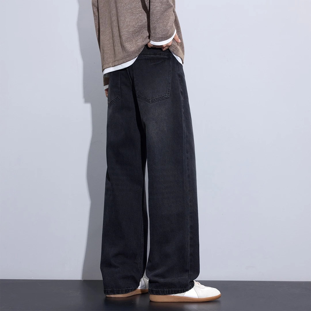 Kuvine2025秋季新款高街潮牌宽松直筒复古做旧百搭水洗黑牛仔裤男