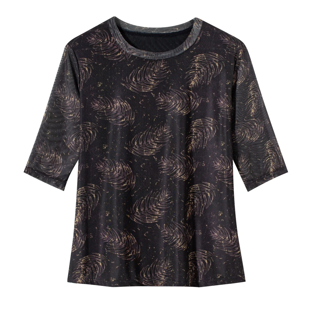 休闲风宽松型常规圆领中女装春夏镂空长款印花宽松休闲