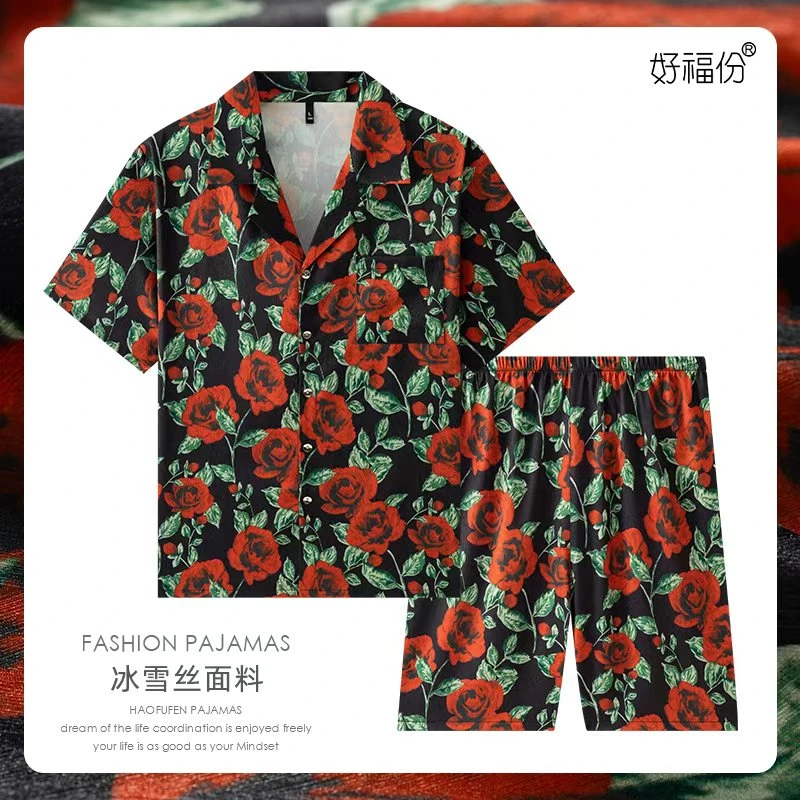 【好福份】冰丝清凉夏季男士睡衣短袖出门可外穿家居服-25171玫瑰花