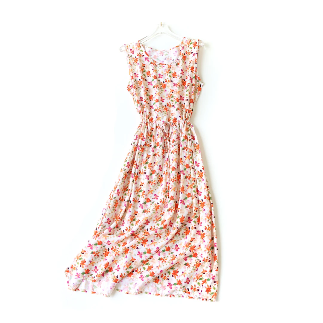 无袖碎花棉绸连衣裙海边度假棉绸沙滩裙女夏季收腰显瘦中长裙