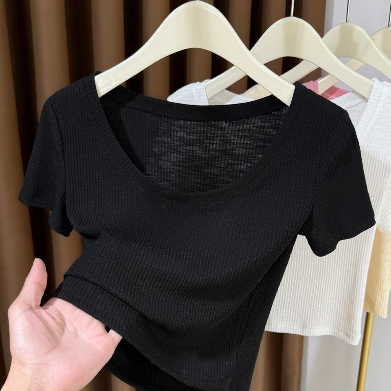 黑色竹节棉大圆领短袖女2025新款冰丝针织短款t恤女内搭打底衫薄