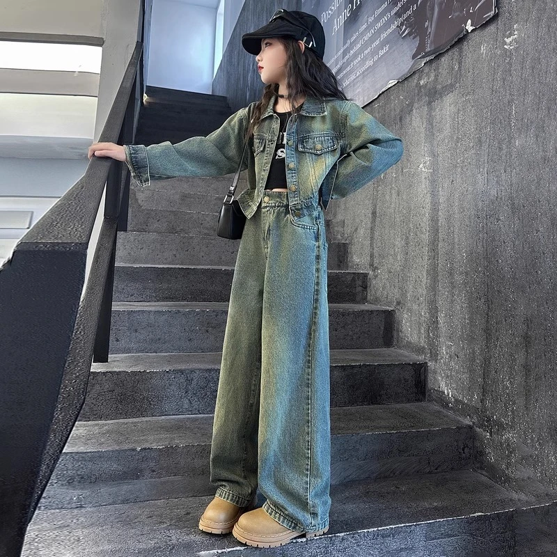 女童牛仔套装春秋2025新款儿童又酷又飒的童装女大童外套春装穿搭