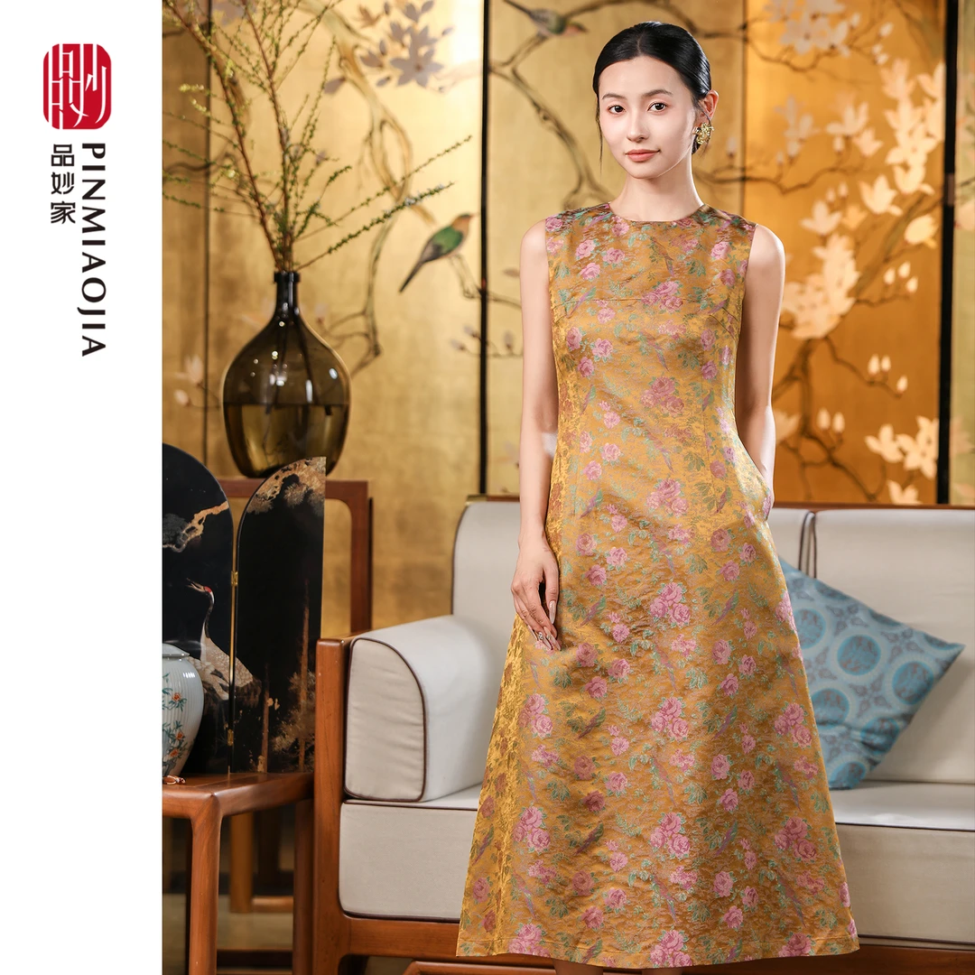品妙家【琦韵】100%桑蚕丝新中式无袖修身气质优雅显瘦长款夏连衣裙