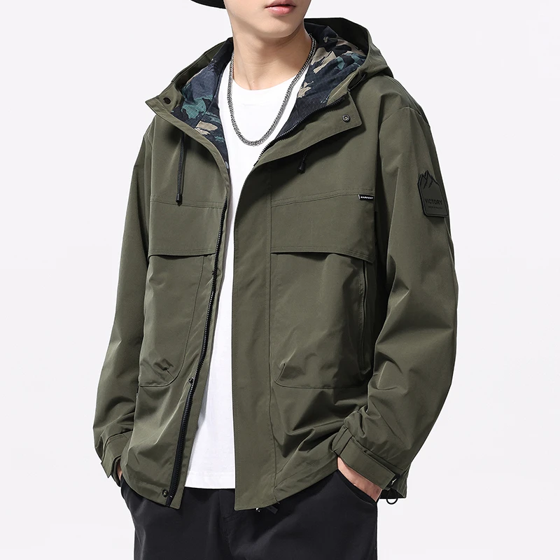 2025春季新款防风工装宽松大码百搭连帽夹克男士潮牌美式休闲外套