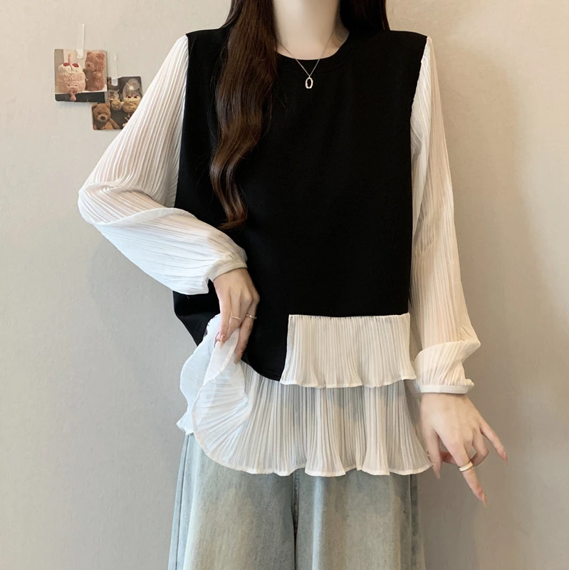 大码女装遮肚子撞色假两件拼接长袖衬衫女春秋胖妹妹显瘦百搭上衣