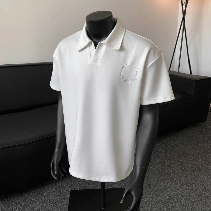 白色cleanfit刺绣重磅polo领短袖t恤男夏季新中式复古潮牌五分袖