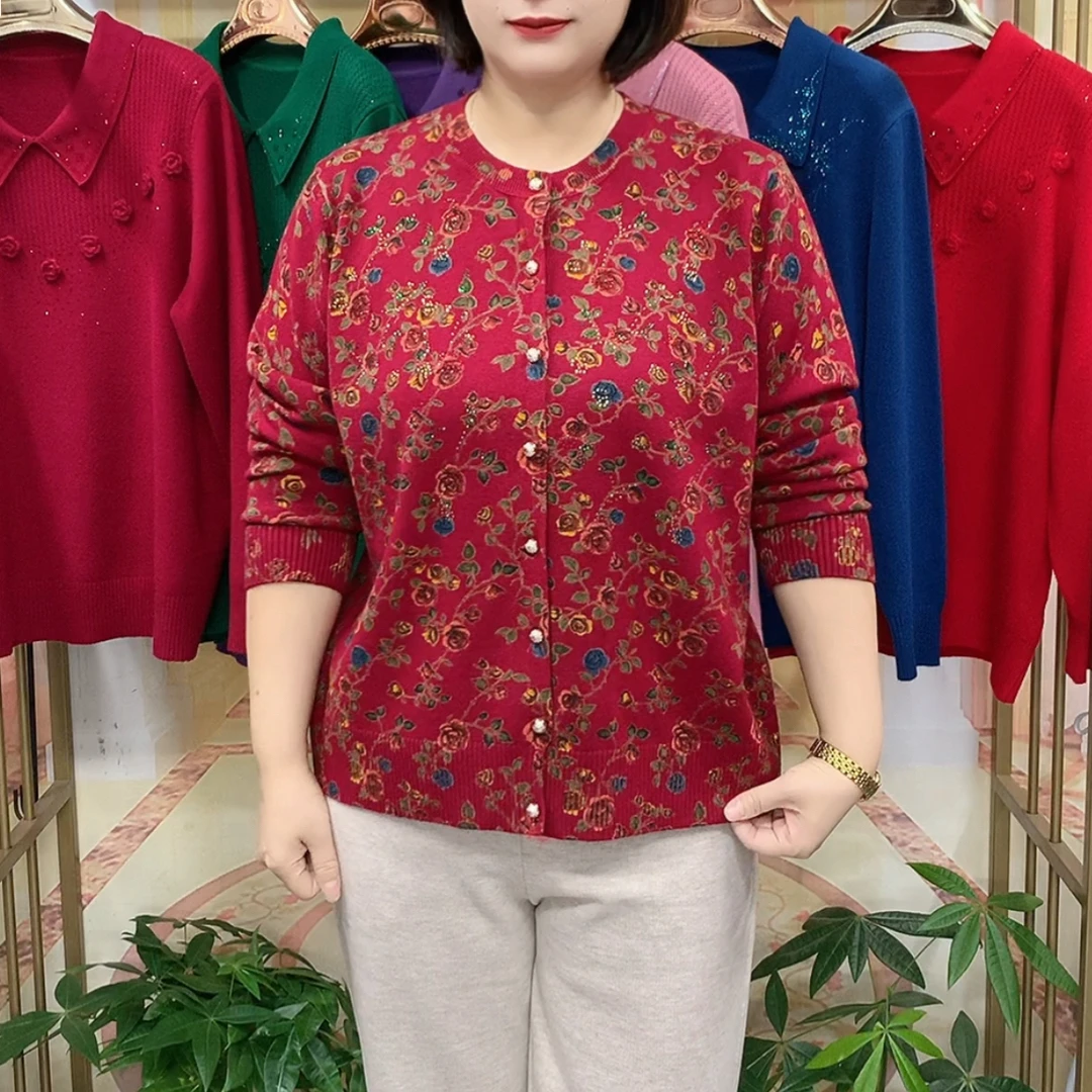 新款洋气圆领百搭秋冬季长袖碎花时尚休闲气质妈妈装针织开衫