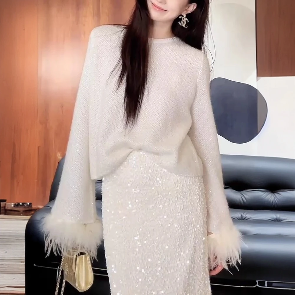 高端气质名媛白色喇叭袖针织毛衣女秋冬季新款时尚洋气绝美上衣潮