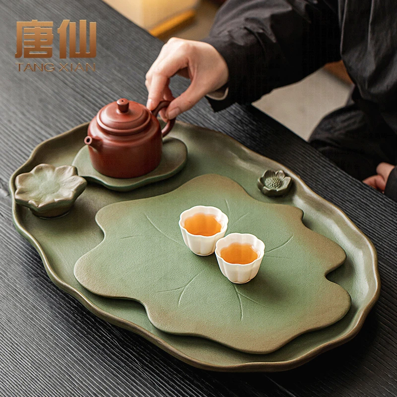 唐仙轻奢荷花陶瓷茶盘大号家用创意中式干泡茶台带排水茶托盘简约