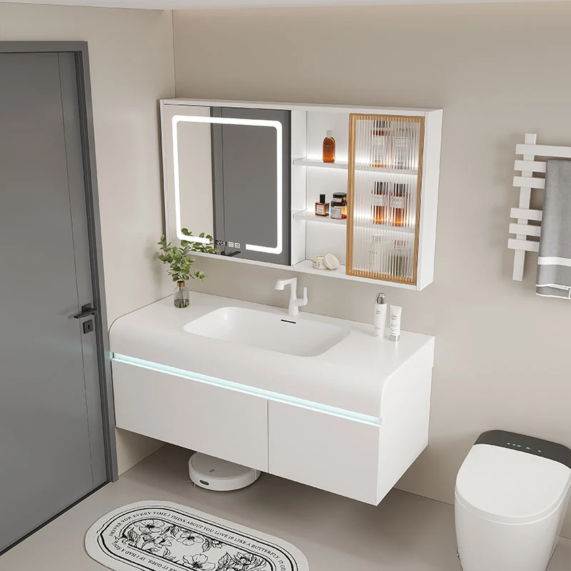 时尚现代简约浴室柜组合肤感一体盆洗手洗脸盆柜感应灯带大储物柜