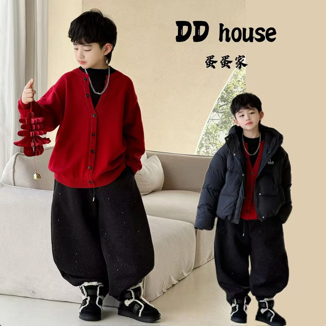 蛋蛋家【红色派对】25543冬季新款儿童黑红假两件V领毛衣