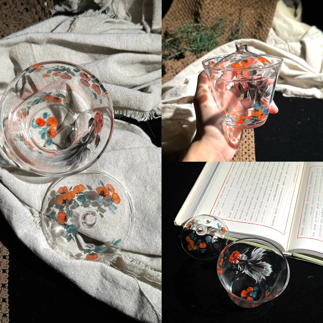 《喜柿》｜孤品｜高硼硅玻璃手绘禅意金鱼二才盖碗茶杯