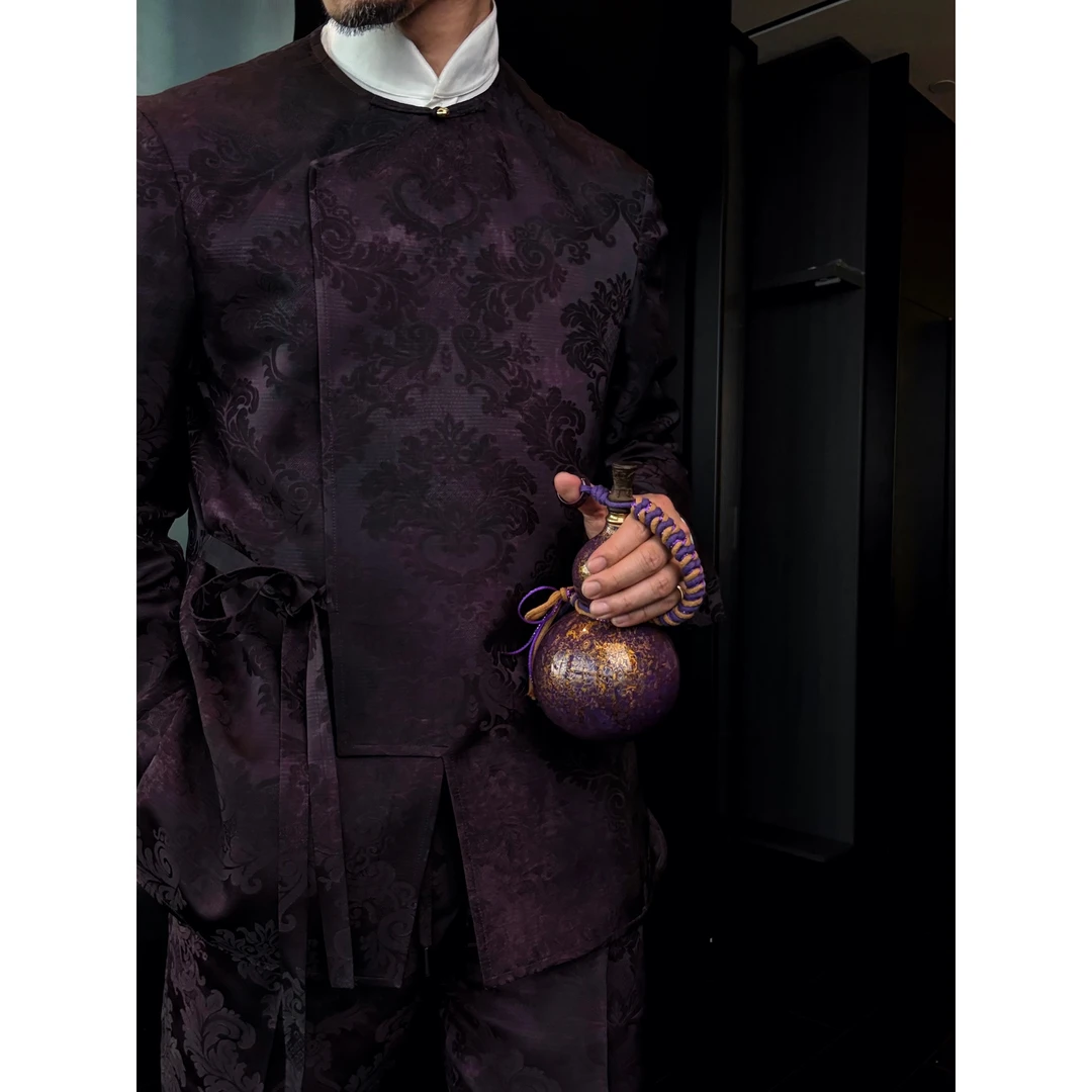 DRUNKCORNER 圆领提花中式斜襟系带衬衫时尚休闲套装