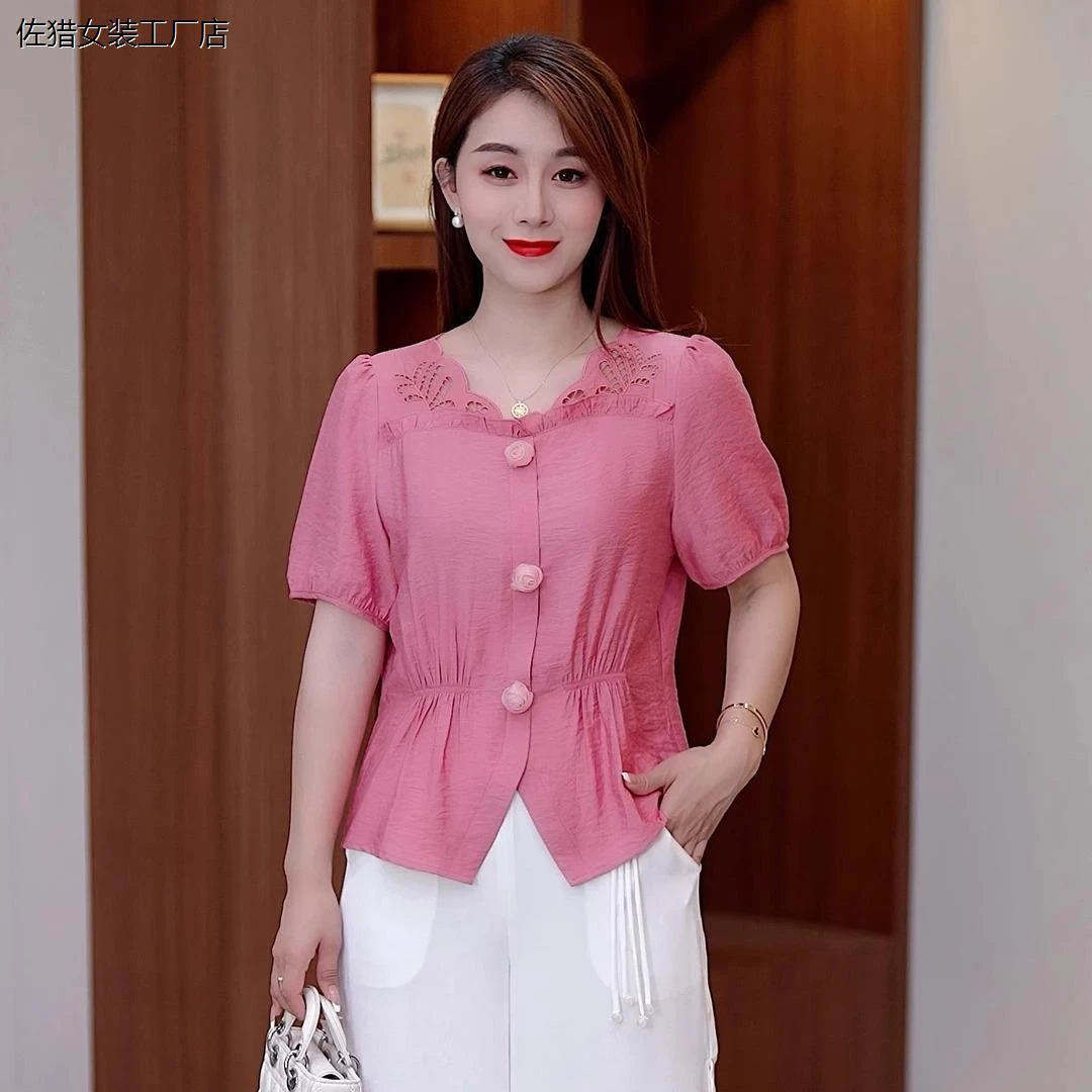 时尚镂空短袖衬衫女2025夏季新款洋气显瘦立体花朵气质减龄上衣潮