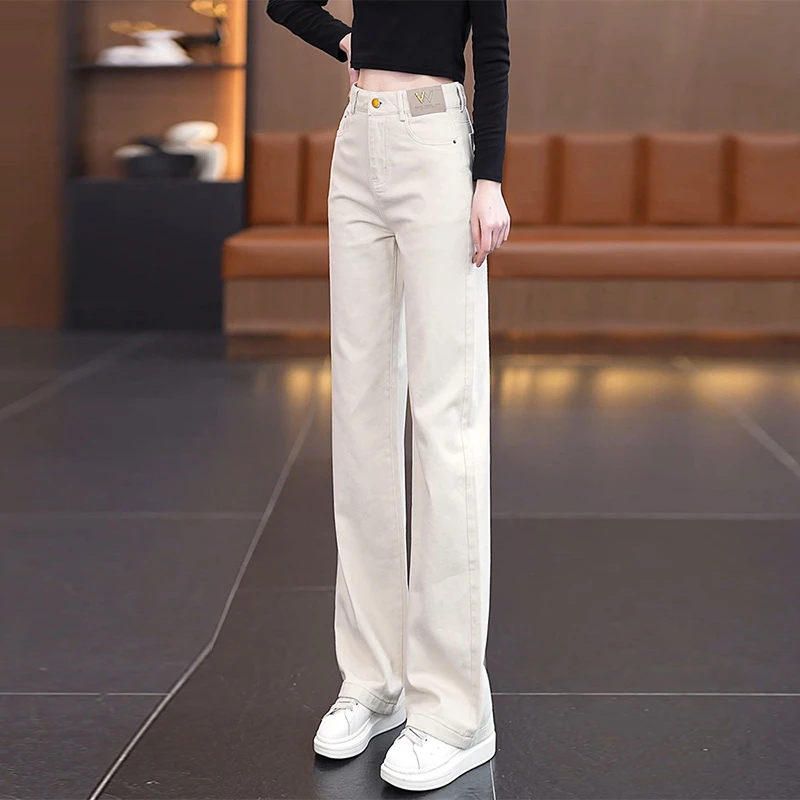 雅鹿米白色软牛仔直筒裤女春秋2025年新款爆款裤子休闲窄版阔腿裤