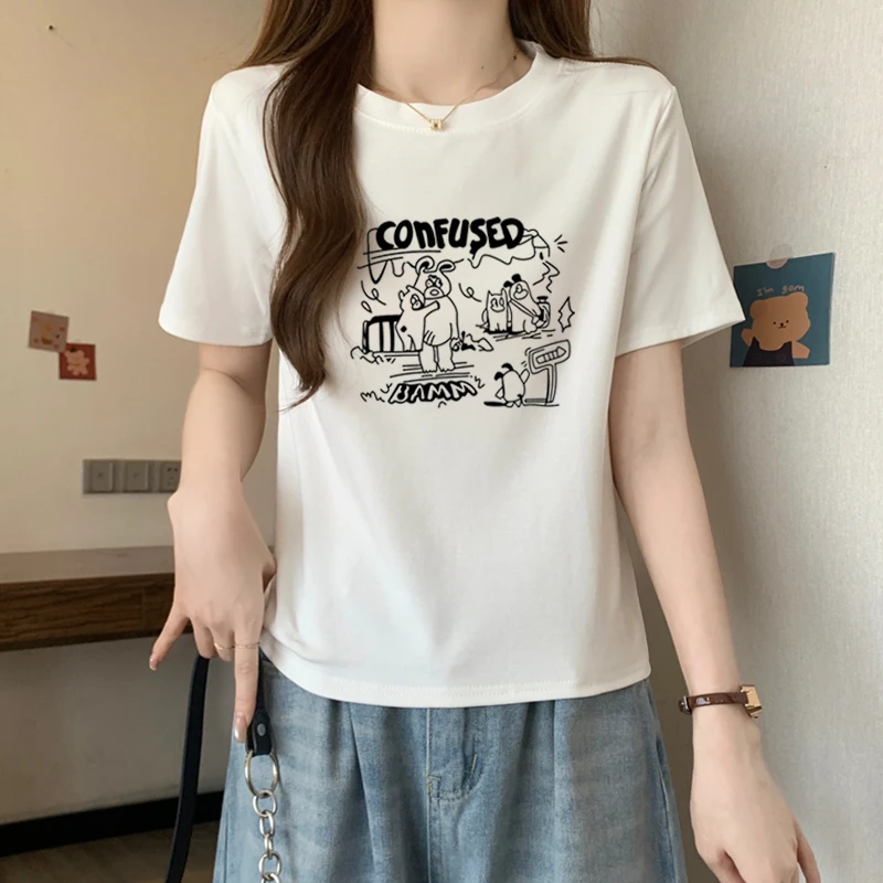 【漫画熊】纯色短袖T恤女2025夏季新款圆领百搭显瘦修身印花t恤