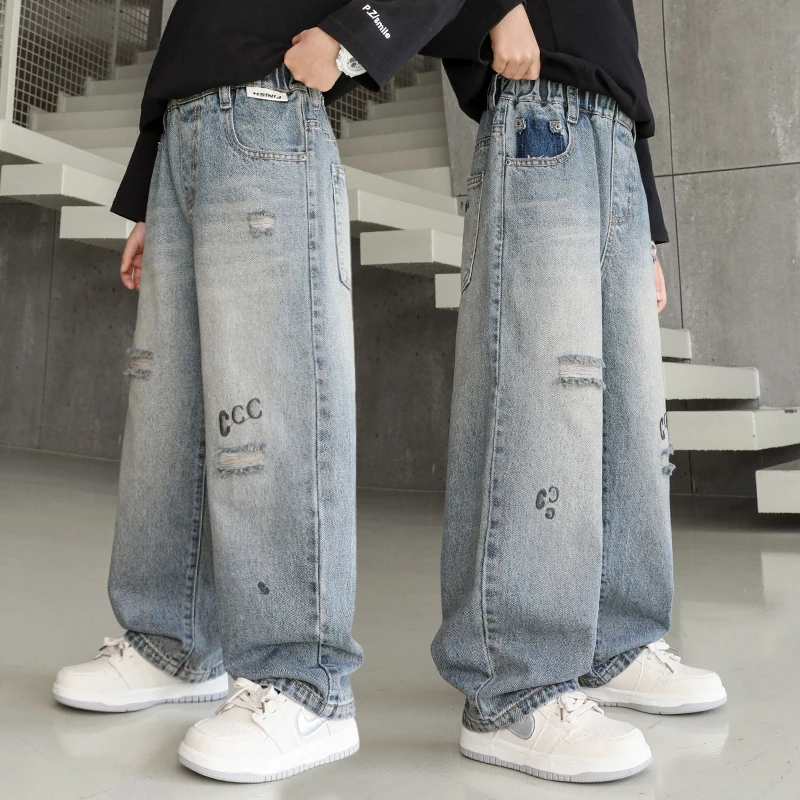 男童痞帅直筒牛仔裤春秋款大儿童装2025新款男孩秋季破洞宽松裤子