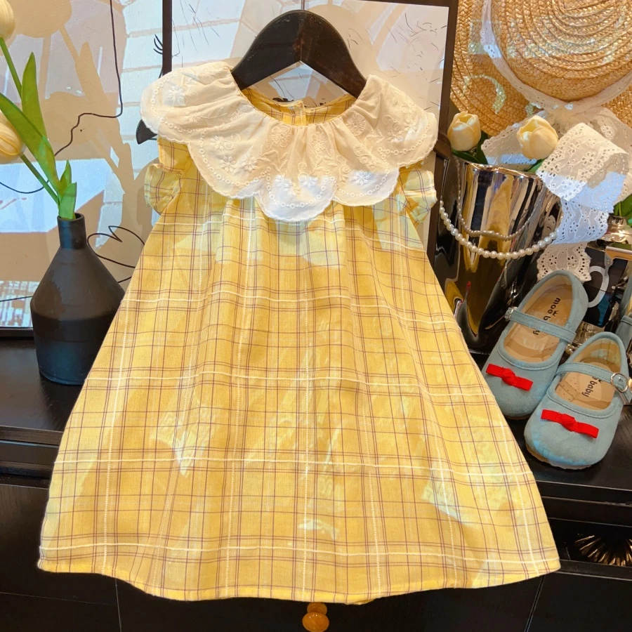 HHkids女童法式连衣裙夏季儿童格子背心裙娃娃领甜美公主裙DQZ039