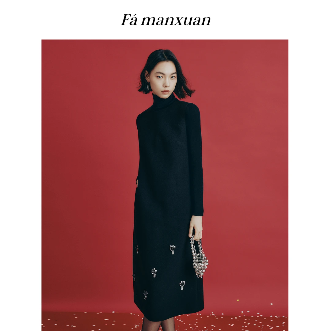 【诗语专属】法曼萱重磅手工珠花无袖背心连衣裙女冬毛呢直筒裙