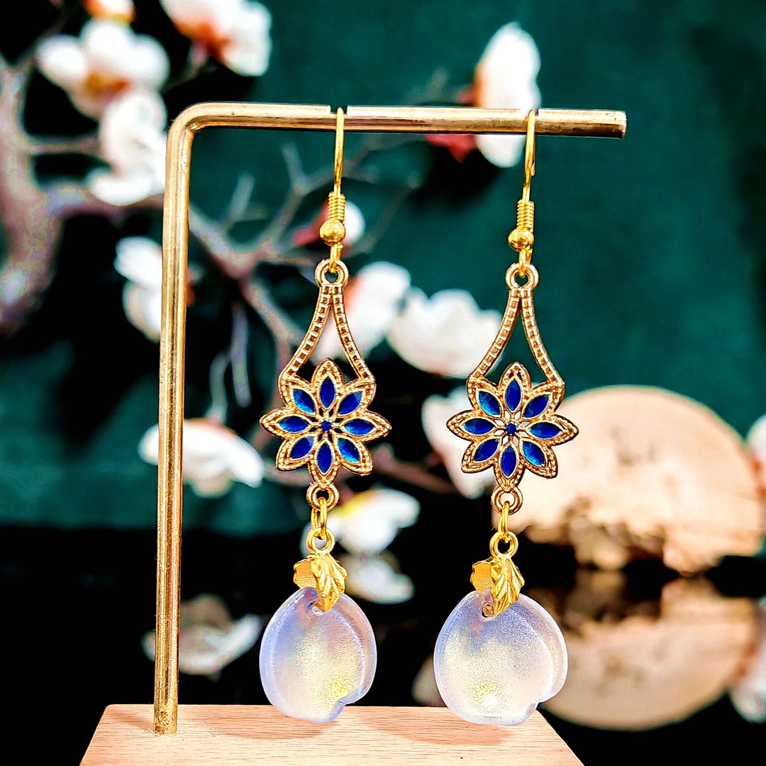 多吉米蓝蕊凝梦复古新中式耳环耳夹原创配汉服旗袍